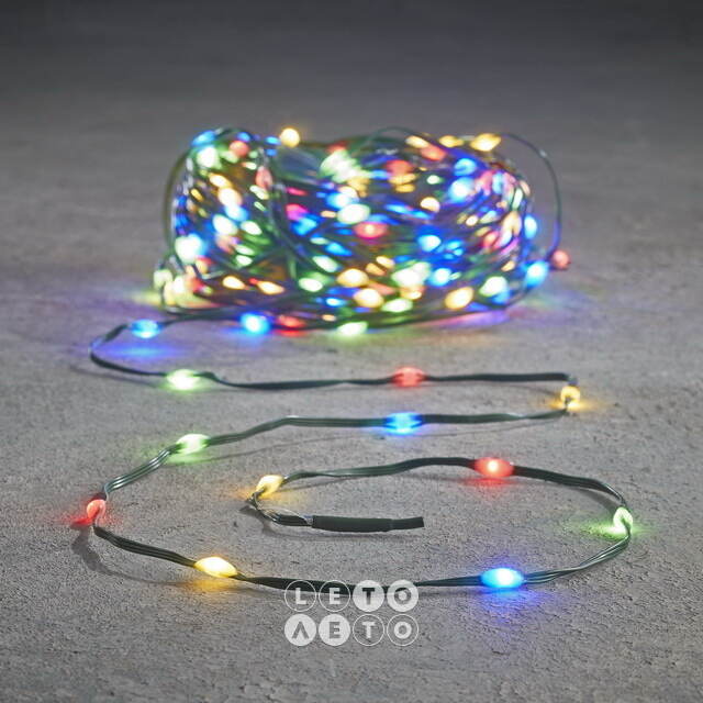 Светодиодная гирлянда Роса Micro Flex 26 м, 350 разноцветных LED ламп, зеленый провод, контроллер, таймер, IP44 Edelman
