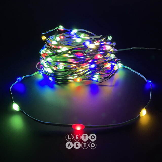Светодиодная гирлянда Роса Micro Flex 26 м, 350 разноцветных LED ламп, зеленый провод, контроллер, таймер, IP44 Edelman