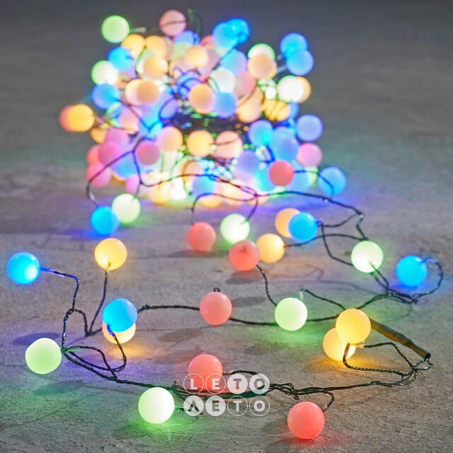 Светодиодная гирлянда Шарики Томпси 5 м, 200 RGB LED ламп, зеленый провод, таймер, IP44 Edelman