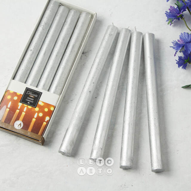 Высокие свечи Серебряный Металлик 25*2.2 см, 4 шт Kaemingk