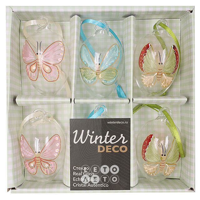 Декоративные пасхальные яйца - Tropical Butterflies 6 см, 6 шт, подвеска Winter Deco