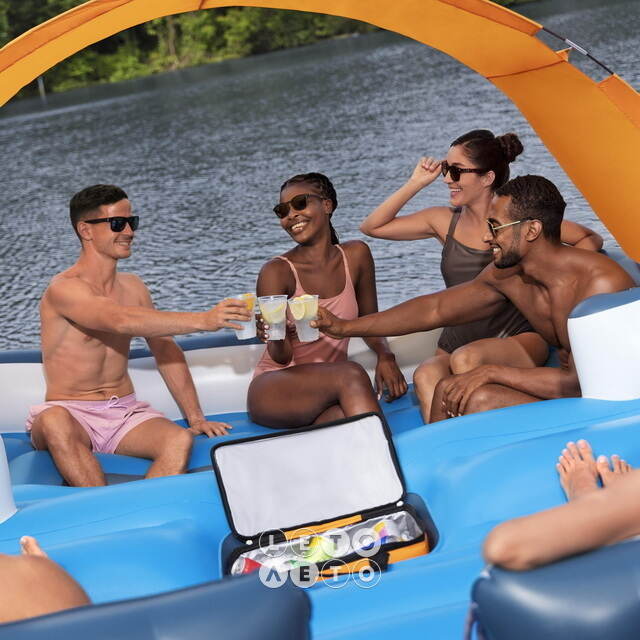 Надувной матрас-остров с навесом Tropical Breeze 373*264 см оранжевый Bestway