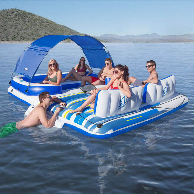 Надувной матрас-остров с навесом Tropical Breeze 373*264 см синий Bestway