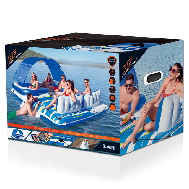 Надувной матрас-остров с навесом Tropical Breeze 373*264 см синий Bestway
