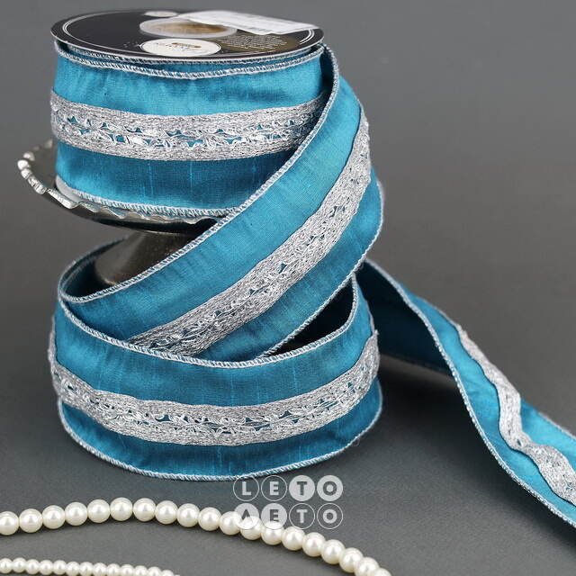 Декоративная лента Blue Blush: Серебряный узор 1000*6 см Kaemingk