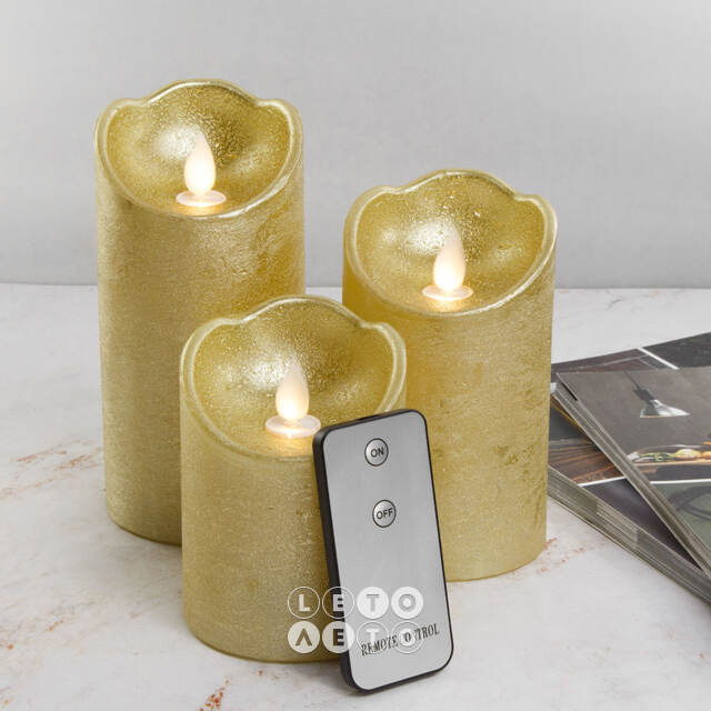 Набор светодиодных свечей с имитацией пламени Narcis Gold 10-15 см, 3 шт с пультом управления, на батарейках Kaemingk