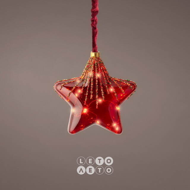 Подвесной светильник RedGlass - Звезда 20 см, 15 микро LED ламп, красный, таймер, на батарейках, стекло Kaemingk