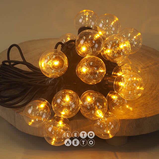 Гирлянда из лампочек, 20 экстра теплых белых LED ламп, 9.5 м, черный ПВХ, соединяемая, IP44 Kaemingk
