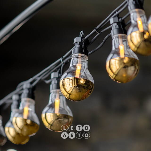 Ретро гирлянда Золото Эдисона, 20 ламп, экстра теплые белые LED, 9.5 м, черный ПВХ, соединяемая, IP44 Kaemingk