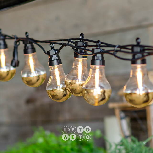 Ретро гирлянда Золото Эдисона, 20 ламп, экстра теплые белые LED, 9.5 м, черный ПВХ, соединяемая, IP44 Kaemingk
