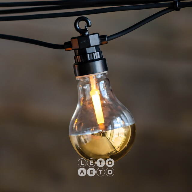 Ретро гирлянда Золото Эдисона, 20 ламп, экстра теплые белые LED, 9.5 м, черный ПВХ, соединяемая, IP44 Kaemingk