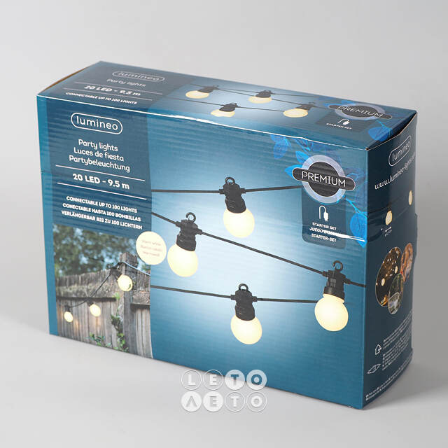 Гирлянда из белых лампочек Ретро, 20 ламп, теплые белые LED, 9.5 м, черный ПВХ, соединяемая, IP44 Kaemingk