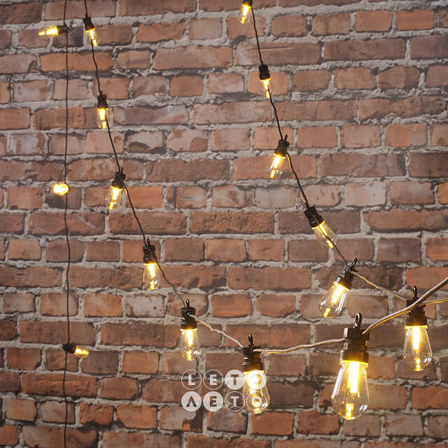 Гирлянда из лампочек Ретро, 20 ламп, теплые белые LED, 9.5 м, черный ПВХ, соединяемая, IP44 Kaemingk