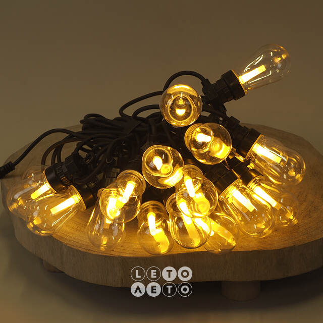 Гирлянда из лампочек Ретро, 20 ламп, теплые белые LED, 9.5 м, черный ПВХ, соединяемая, IP44 Kaemingk