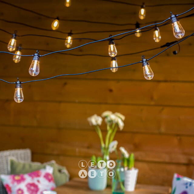 Гирлянда из лампочек Ретро, 20 ламп, теплые белые LED, 9.5 м, черный ПВХ, соединяемая, IP44 Kaemingk