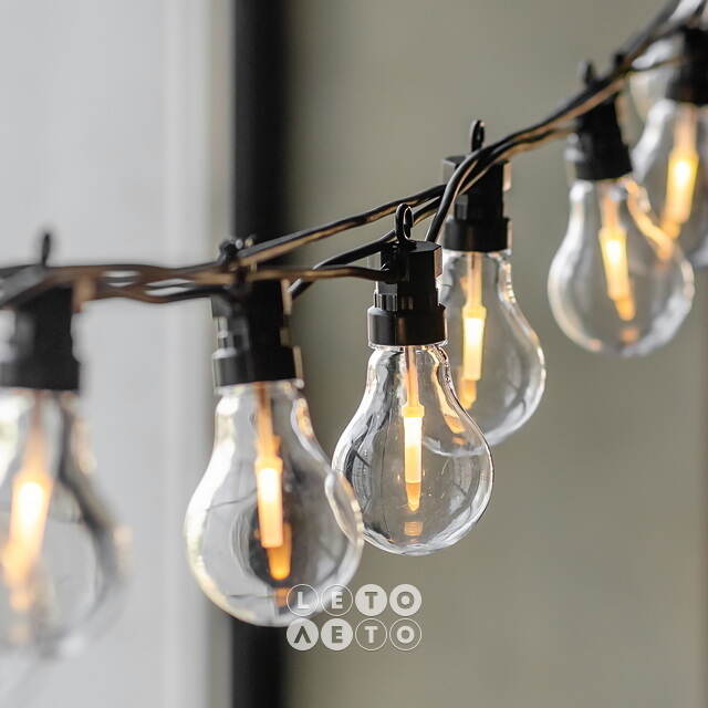 Ретро гирлянда Большие Лампочки, 20 ламп, теплые белые LED, 9.5 м, черный ПВХ, соединяемая, IP44 Kaemingk