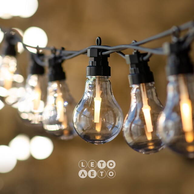 Ретро гирлянда Большие Лампочки, 20 ламп, теплые белые LED, 9.5 м, черный ПВХ, соединяемая, IP44 Kaemingk