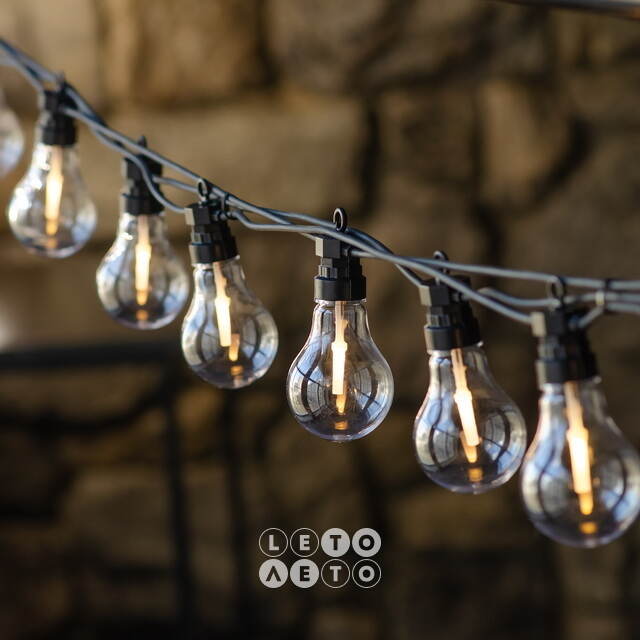 Ретро гирлянда Большие Лампочки, 20 ламп, теплые белые LED, 9.5 м, черный ПВХ, соединяемая, IP44 Kaemingk
