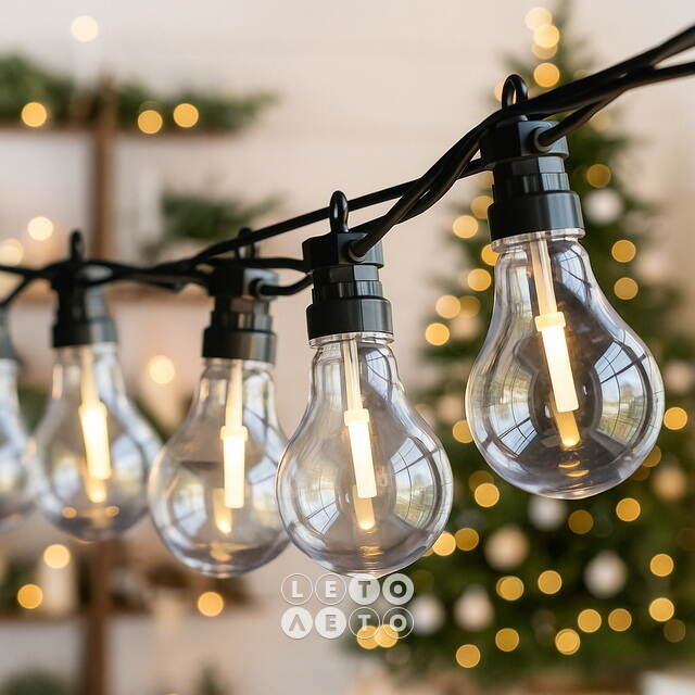 Ретро гирлянда Большие Лампочки, 20 ламп, теплые белые LED, 9.5 м, черный ПВХ, соединяемая, IP44 Kaemingk (Кейминг)