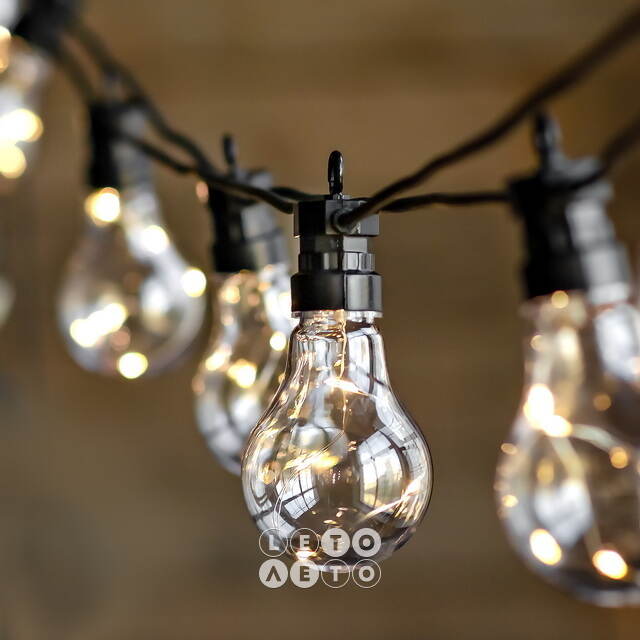 Гирлянда из лампочек Ретро Стиль, 20 ламп, теплые белые LED, 9.5 м, черный ПВХ, соединяемая, IP44 Kaemingk
