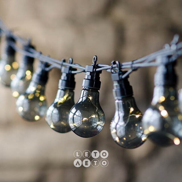 Гирлянда из лампочек Ретро Стиль, 20 дымчатых ламп, теплые белые LED, 9.5 м, черный ПВХ, соединяемая, IP44 Kaemingk