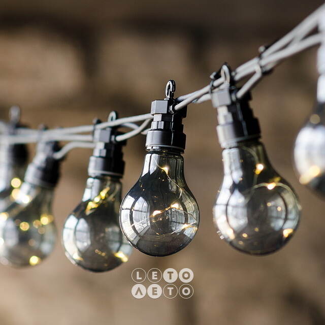 Гирлянда из лампочек Ретро Стиль, 20 дымчатых ламп, теплые белые LED, 9.5 м, черный ПВХ, соединяемая, IP44 Kaemingk
