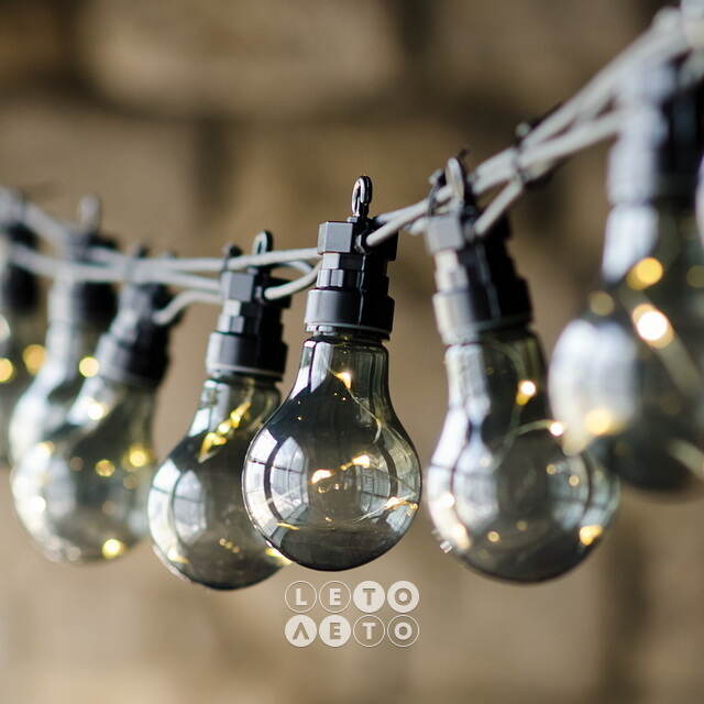 Гирлянда из лампочек Ретро Стиль, 20 дымчатых ламп, теплые белые LED, 9.5 м, черный ПВХ, соединяемая, IP44 Kaemingk