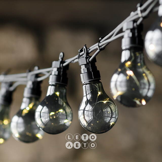 Гирлянда из лампочек Ретро Стиль, 20 дымчатых ламп, теплые белые LED, 9.5 м, черный ПВХ, соединяемая, IP44 Kaemingk