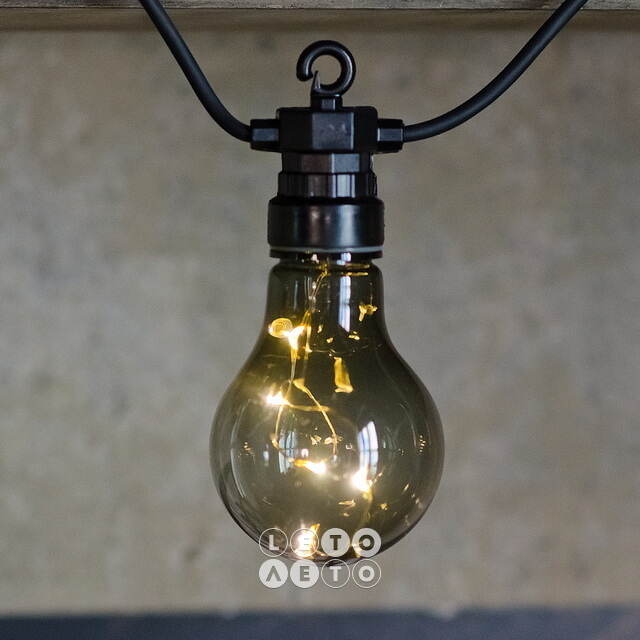 Гирлянда из лампочек Ретро Стиль, 20 дымчатых ламп, теплые белые LED, 9.5 м, черный ПВХ, соединяемая, IP44 Kaemingk