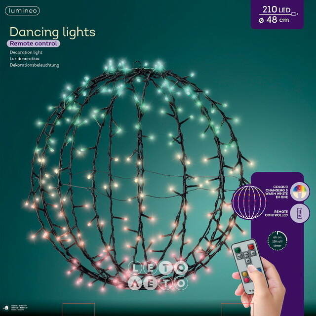 Светодиодный шар Lumineo Dancing Lights 48 см, 210 теплых белых/разноцветных LED ламп, пульт управления, IP44 Kaemingk