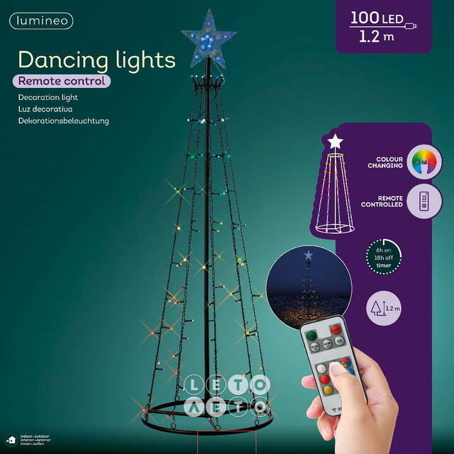 Светодиодная фигура Елка Lumineo Dancing Lights 120 см, 100 теплых белых/разноцветных LED ламп, пульт управления, IP44 Kaemingk