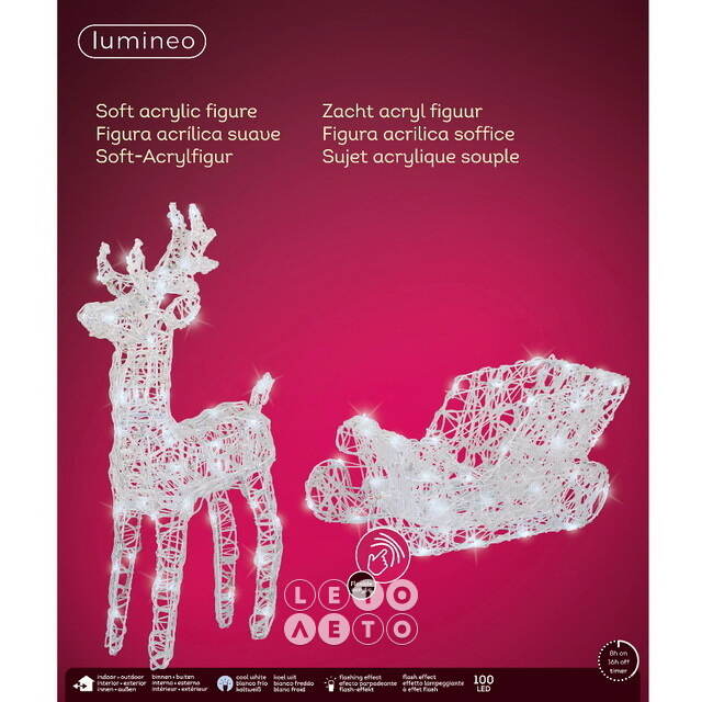 Светодиодный Олень Ливон и Волшебные Сани 45*70 см, 100 холодных белых LED ламп с мерцанием, IP44 Kaemingk