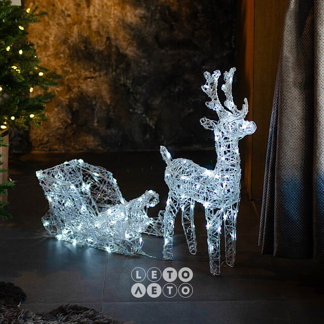 Светодиодный Олень Ливон и Волшебные Сани 45*70 см, 100 холодных белых LED ламп с мерцанием, IP44 Kaemingk