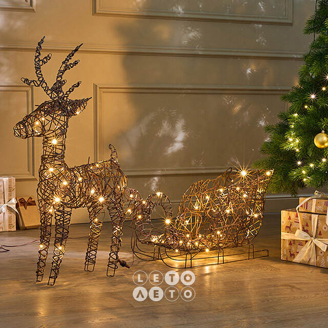 Светящийся олень Рудольф с санями 72 см, 72 теплых белых LED, IP44 Kaemingk