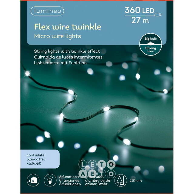 Светодиодная гирлянда Роса Micro Flex 27 м, 360 холодных белых LED, зеленый провод, контроллер, IP44 Kaemingk