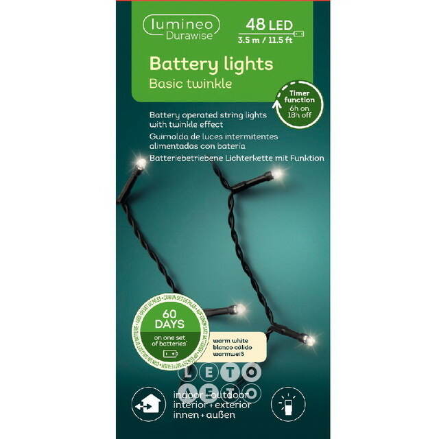 Светодиодная гирлянда на батарейках 48 теплых белых LED ламп 3.5 м, черный ПВХ, контроллер, таймер, IP44 Kaemingk