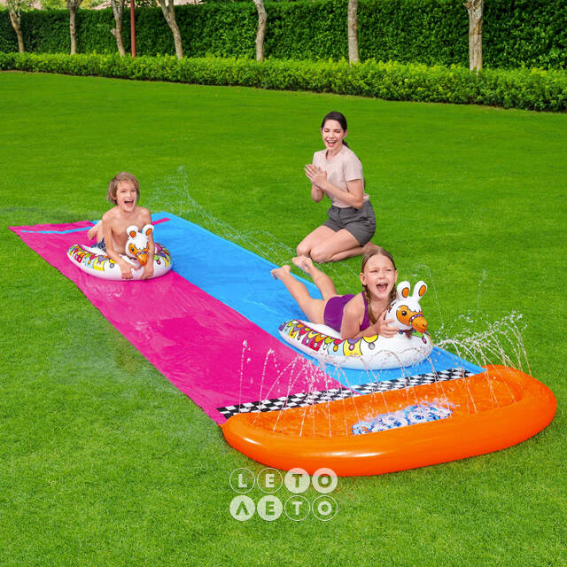 Водная дорожка для скольжения Double Race Slide 488 см с двумя надувными игрушками Bestway
