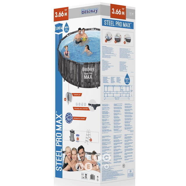 Каркасный бассейн 5614X Bestway Steel Pro Max - Grey Wood 366*100 см, фильтр-насос, лестница Bestway