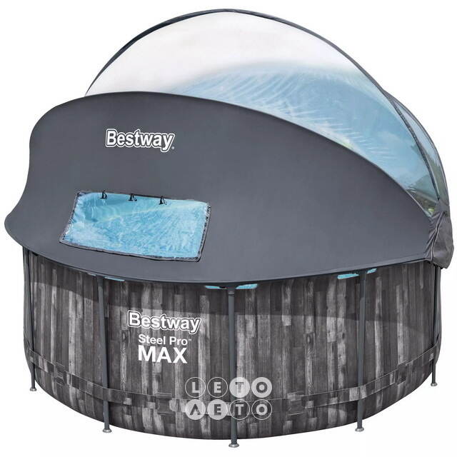 Каркасный бассейн 5619K Bestway Steel Pro Max - Grey Wood 366*122 см, фильтр-насос, навес, лестница Bestway