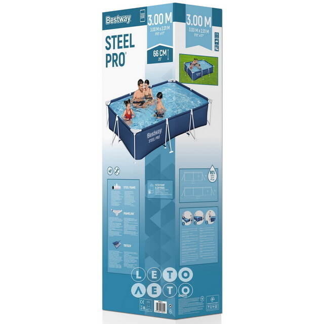 Прямоугольный каркасный бассейн 56411 Bestway Steel Pro 300*201*66 см, фильтр-насос Bestway
