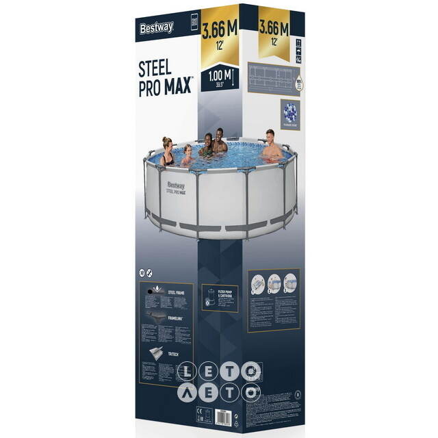 Круглый каркасный бассейн 56418 Bestway Steel Pro Max 366*100 см, фильтр-насос, лестница Bestway