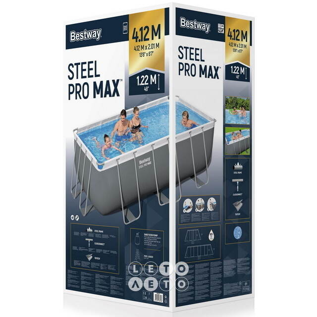 Прямоугольный каркасный бассейн 56457 Bestway Steel Pro Max 412*201*122 см, песочный фильтр-насос, аксессуары Bestway