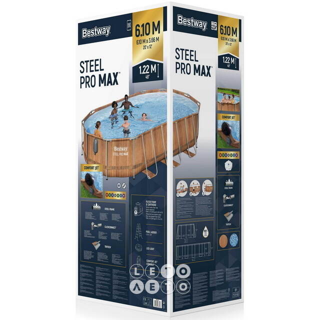Каркасный овальный бассейн c гидромассажем Bestway Steel Pro Max 610*366*122 см коричневый, фильтр-насос, подсветка, аксессуары Bestway