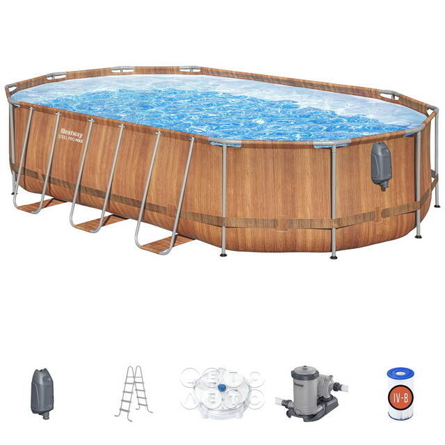 Каркасный овальный бассейн c гидромассажем Bestway Power Steel Spa 610*366*122 см коричневый, фильтр-насос, подсветка, аксессуары Bestway