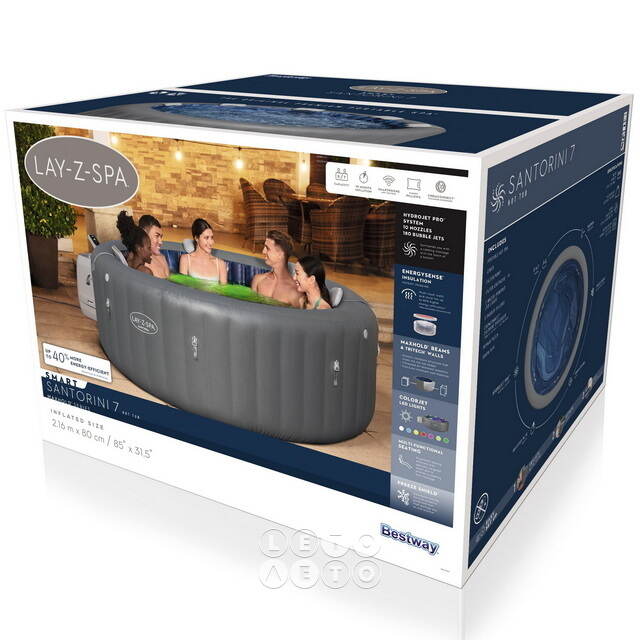 Надувной спа-бассейн 216*80 см 6001T Bestway Santorini Smart HydroJet Pro (Бествей Санторини Смарт Гидроджет Про), теплосберегающий тент, подсветка Bestway (Бествей)