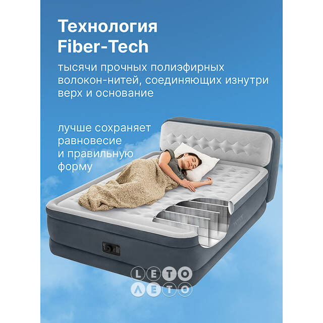 Надувная кровать с насосом Ultra Plush Heardboard 152*236*86 см INTEX