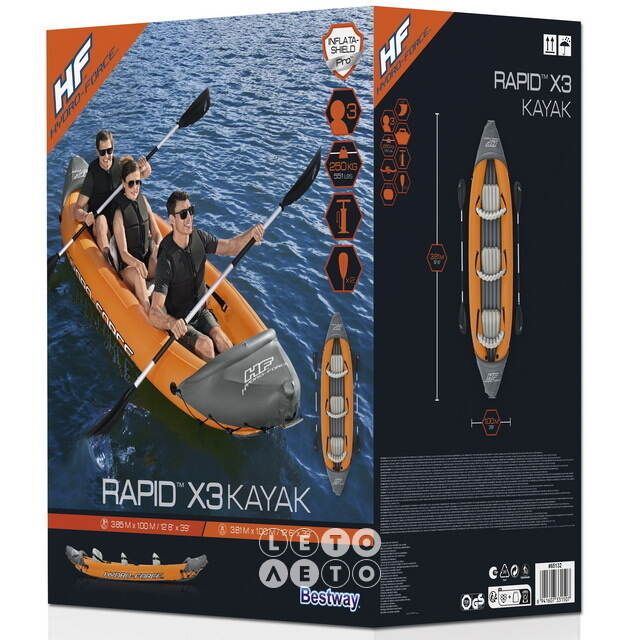 Надувная байдарка Rapid-X3 трехместная 381*100 см + насос и весла, оранжевая Bestway