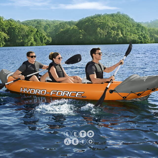 Надувная байдарка Rapid-X3 трехместная 381*100 см + насос и весла, оранжевая Bestway