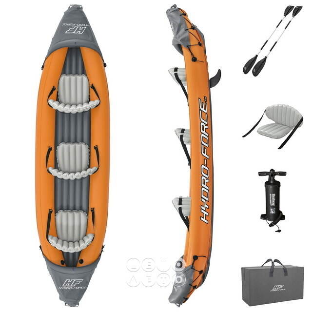 Надувная байдарка Rapid-X3 трехместная 381*100 см + насос и весла, оранжевая Bestway