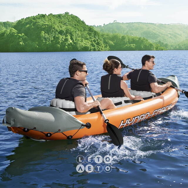 Надувная байдарка Rapid-X3 трехместная 381*100 см + насос и весла, оранжевая Bestway
